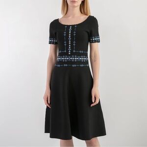 Sandro Knit Dress Black with Blue Embroidery Short Sleeve